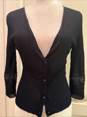 Max Studio Pointelle Ribbed Knit Deep V-Neck Cardigan NEW